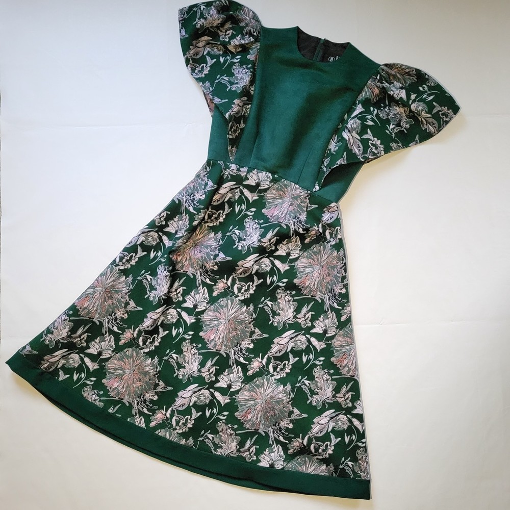 Raquel Couture Green Pink Boutique Midi Short Sleeve Dress Womans Size 4